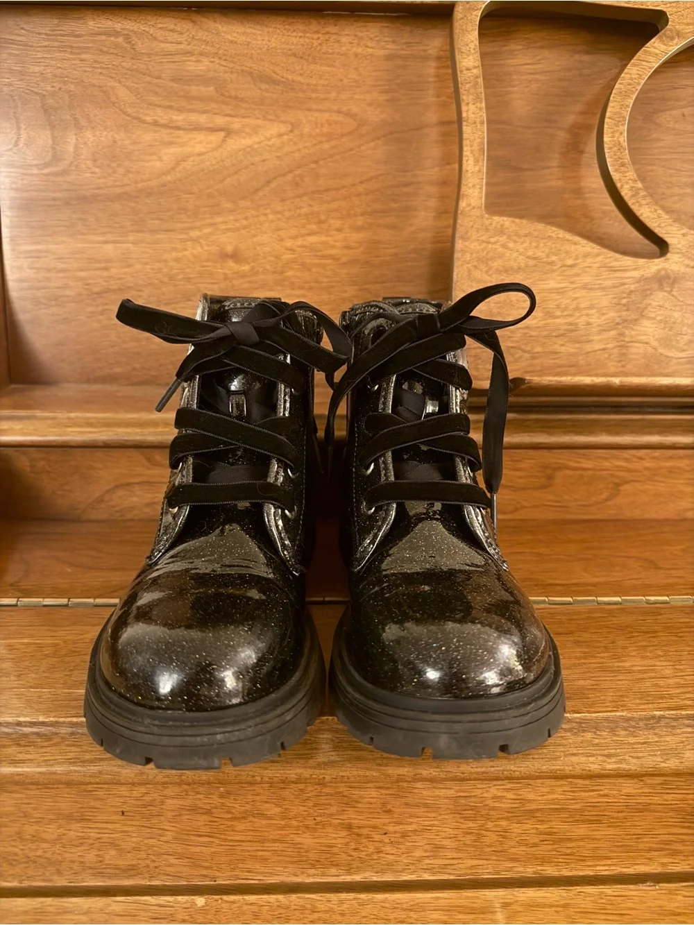 Wonder Nation Girls Black Glitter Combat Boots Lace Up Side Zip Toddler Size 2